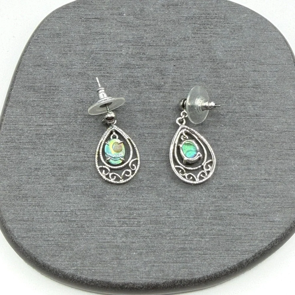 Abalone Shell Teardrop Dangle Earrings Silver Tone Scroll Drop Boho Jewelry
